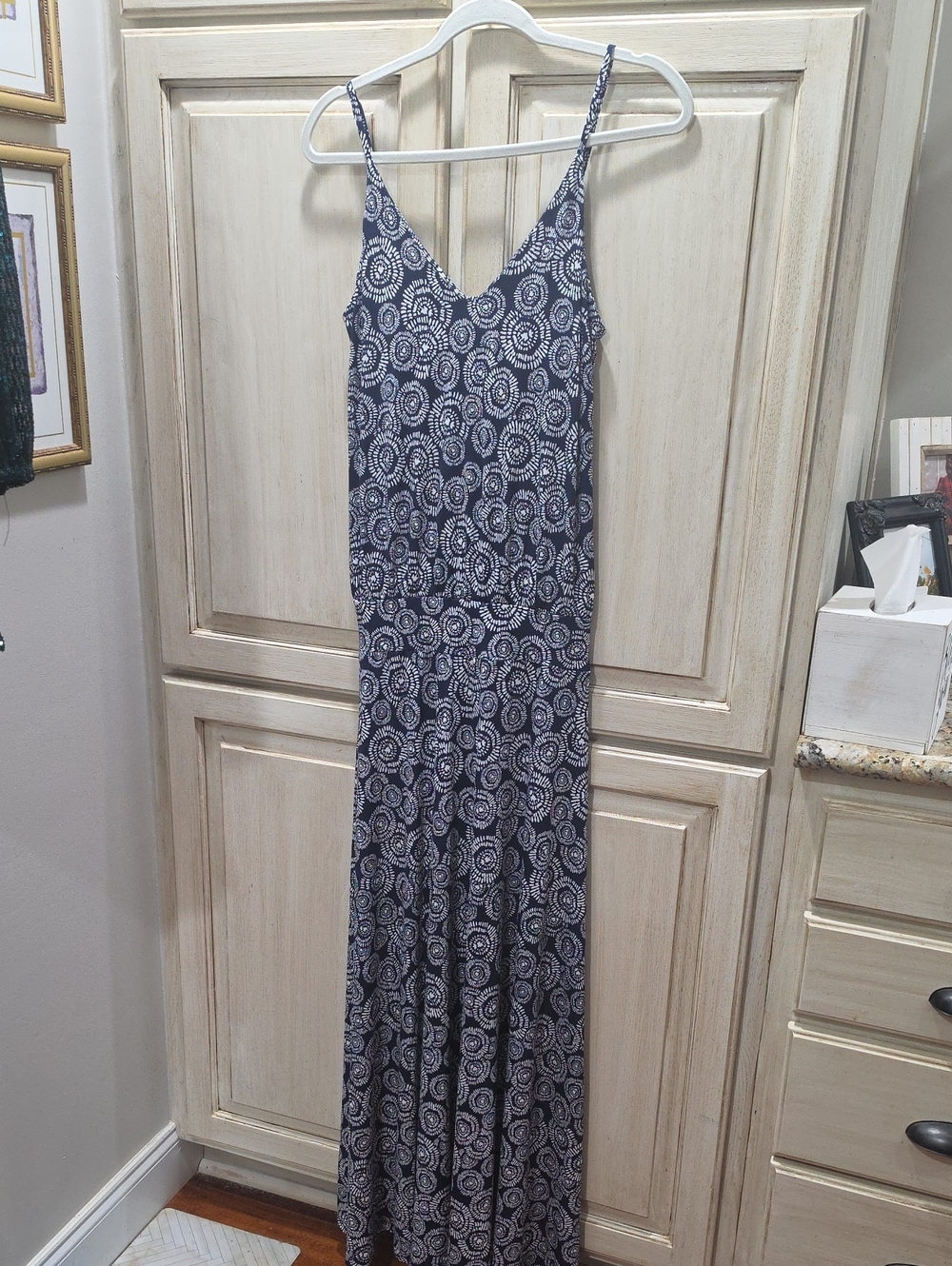 Veronica M Navy and White Spiral-Print Maxi Dress